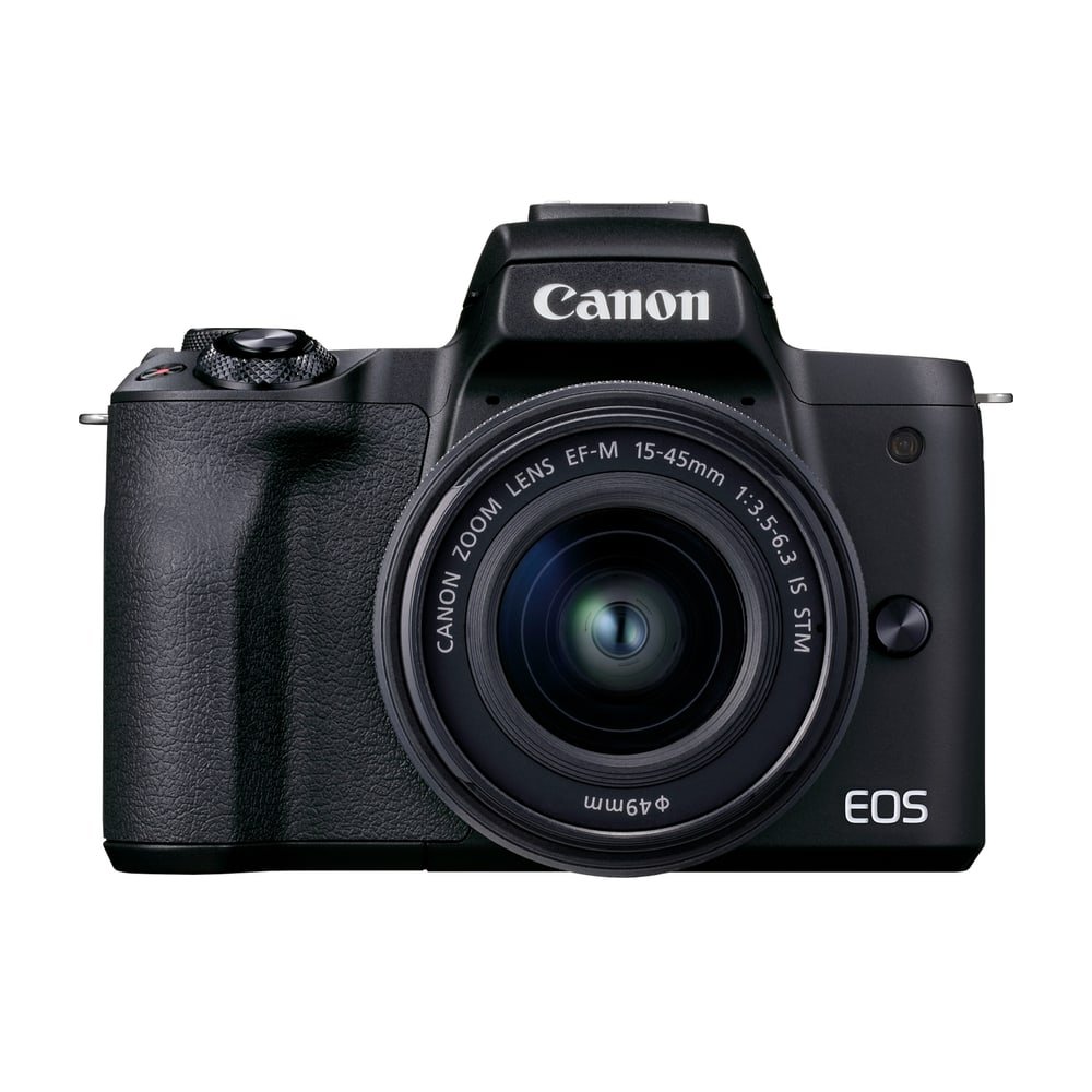 Mirrorless APS-C Canon EOS M50 Mark II nera con obiettivo EF-M 15-45mm, vista frontale