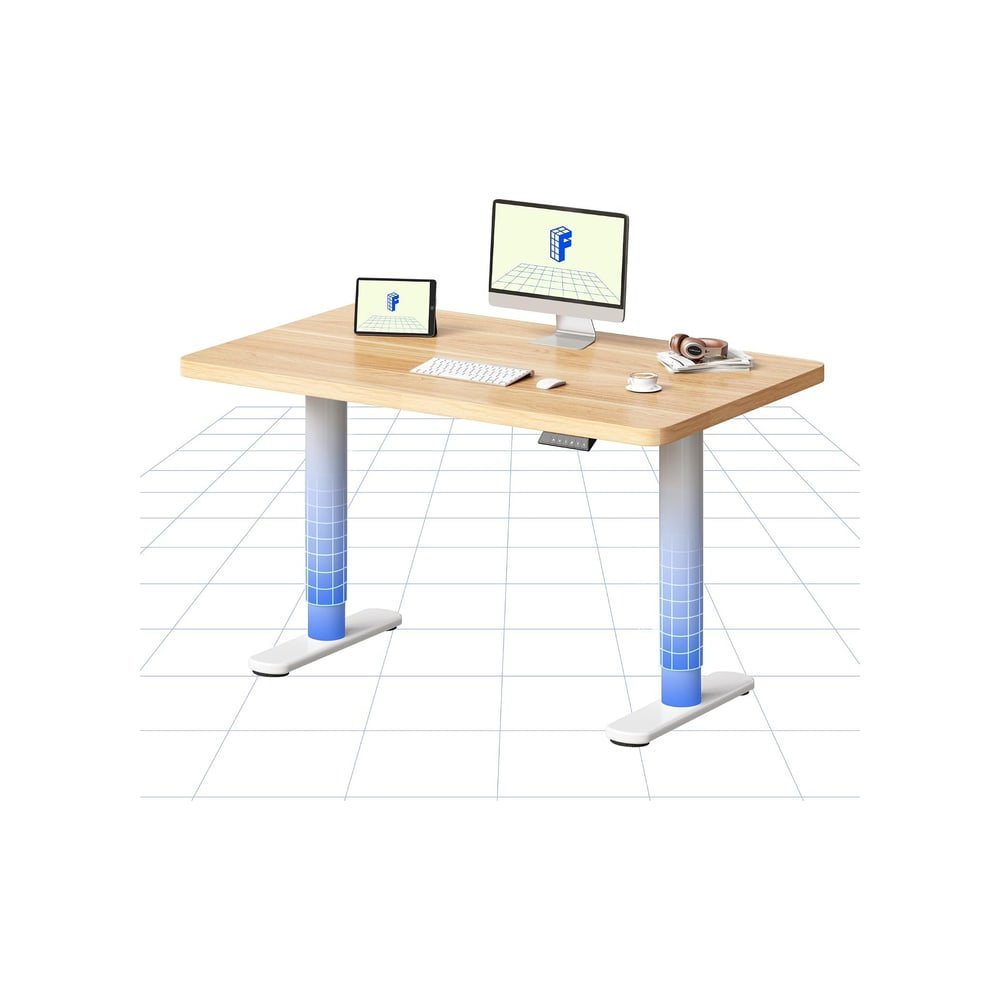 Scrivania regolabile in altezza FlexiSpot CylineX ER1 con gambe cilindriche bianche e piano in acero