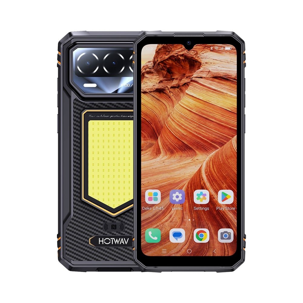 Smartphone rugged HOTWAV T8, vista del retro con la torcia da campeggio e del display acceso