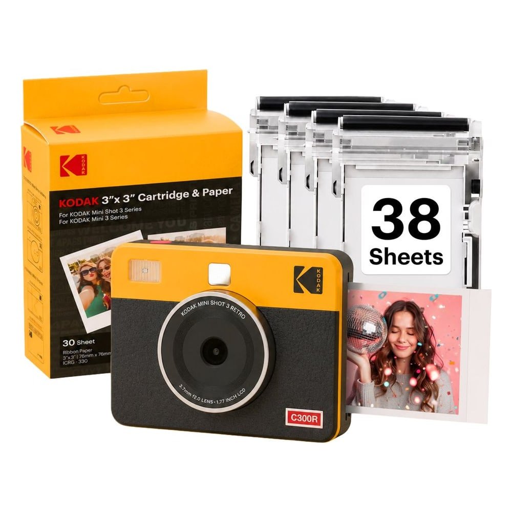 Fotocamera istantanea Kodak Mini Shot 3 Retro gialla e nera con cartucce e una stampa quadrata