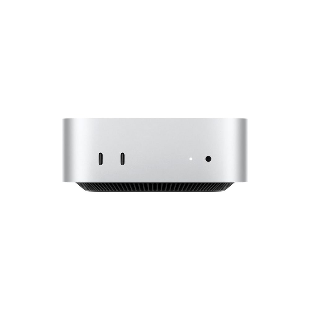 Apple Mac mini con chip M6 in alluminio argento, visto di fronte con le due porte USB-C