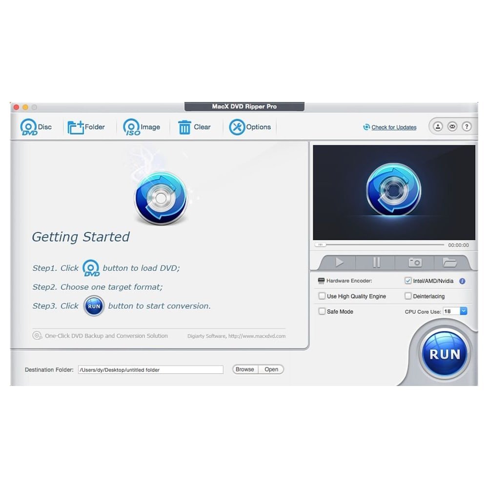 Schermata principale di MacX DVD Ripper Pro per Mac, con i pulsanti Disc, Folder, Image e Run